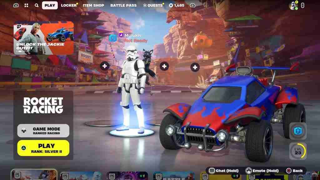 A lobby screen with a canyon background a Star Wars Stormtrooper caries a black fox on his back while standing next to a red and blue car with flame decals