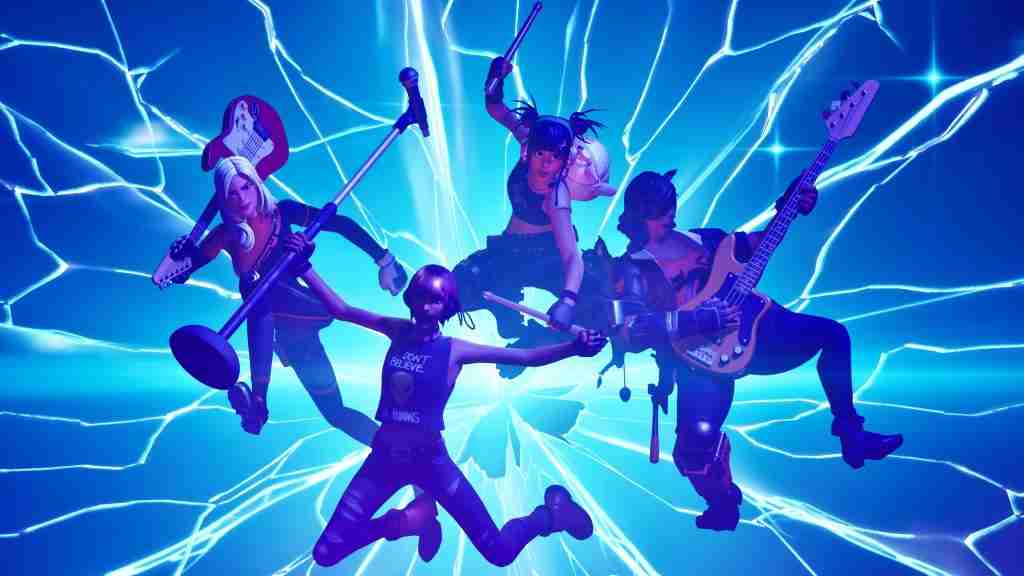 4 members of a rockband burst out of a glowing blue rift