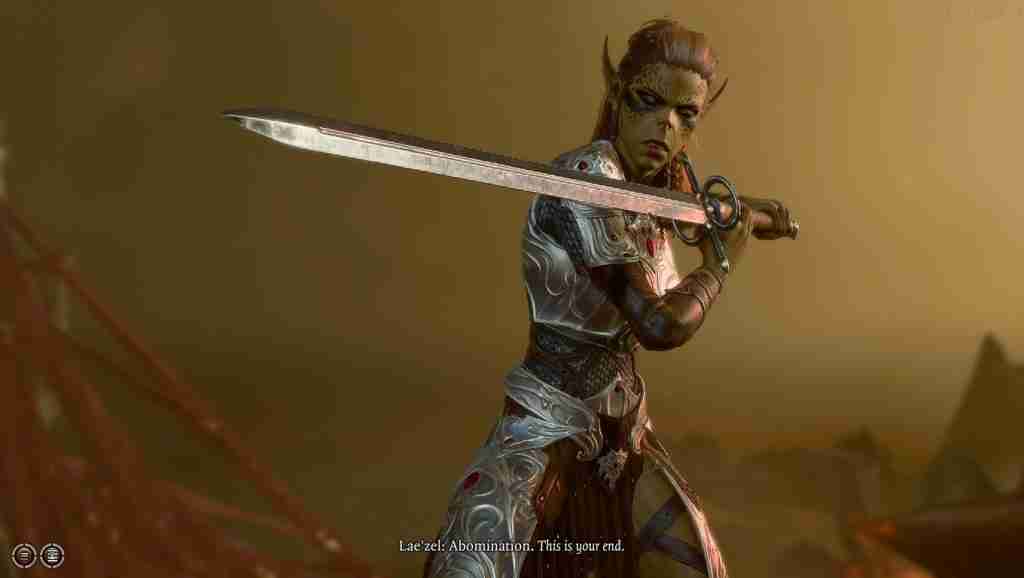 Lae'zel the Gith in a fighting stance with a greatsword