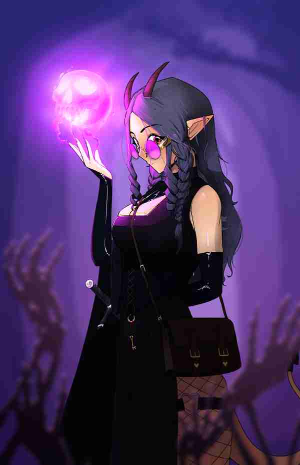 demon girl with a glowing orb that looks like a skull