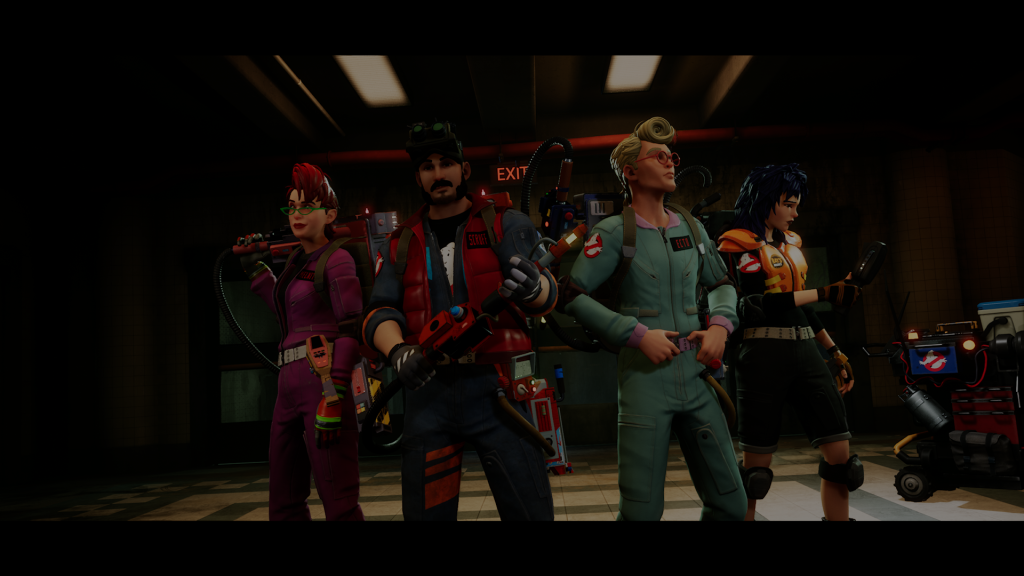 Scruff's team of busters, consisting of Janine Melnitz, Scruff, Egon Spengler and Kylie Griffin