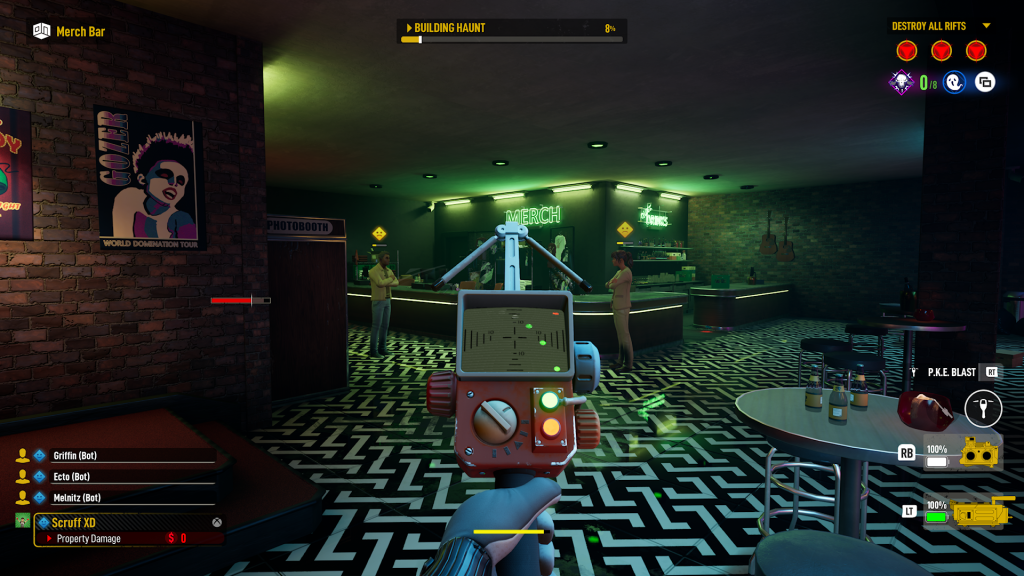 The player in first person using a PKE meter to track a ghost