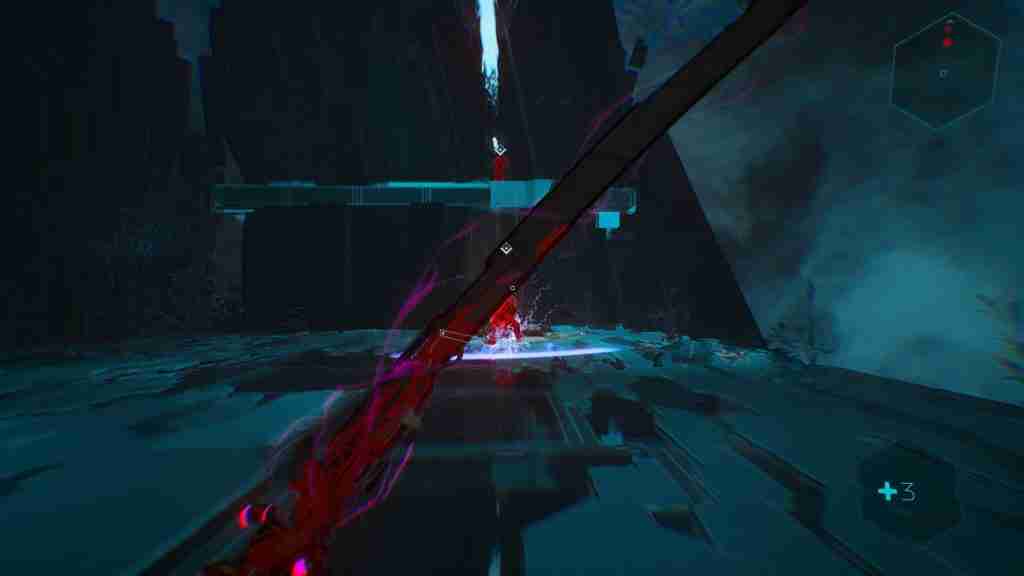 first person view of cyberscape, sword held in guard with two red enemies in view