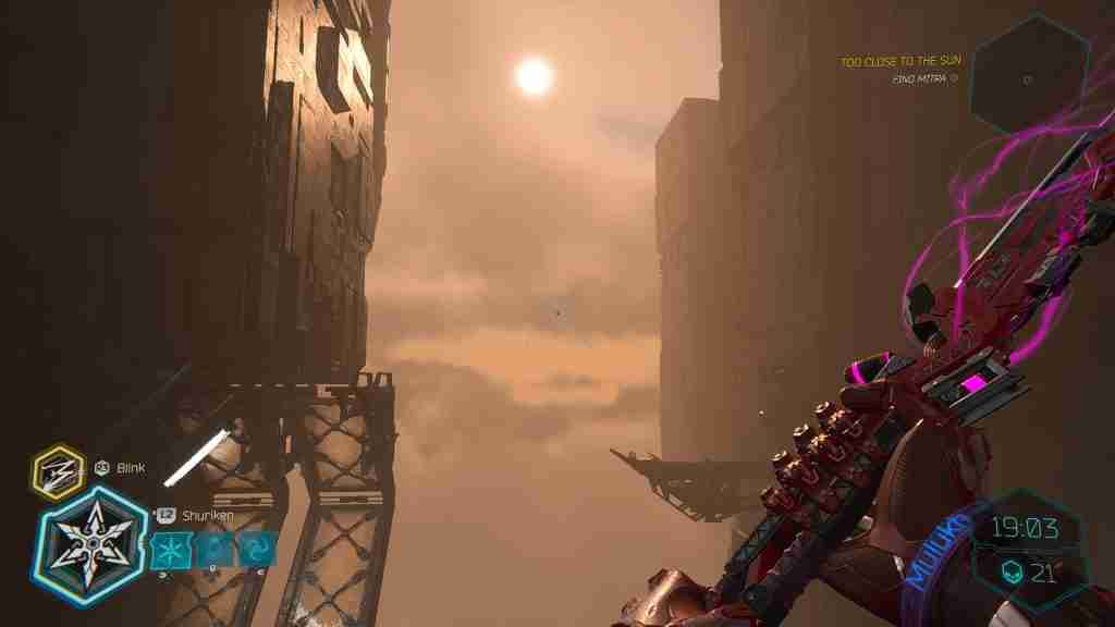 first person view of the sun between two large industrial buildings, a sword is held off to the side crackling with energy