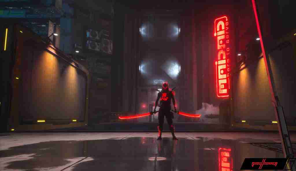 menacing enemy with two swords stands under a red neon sign