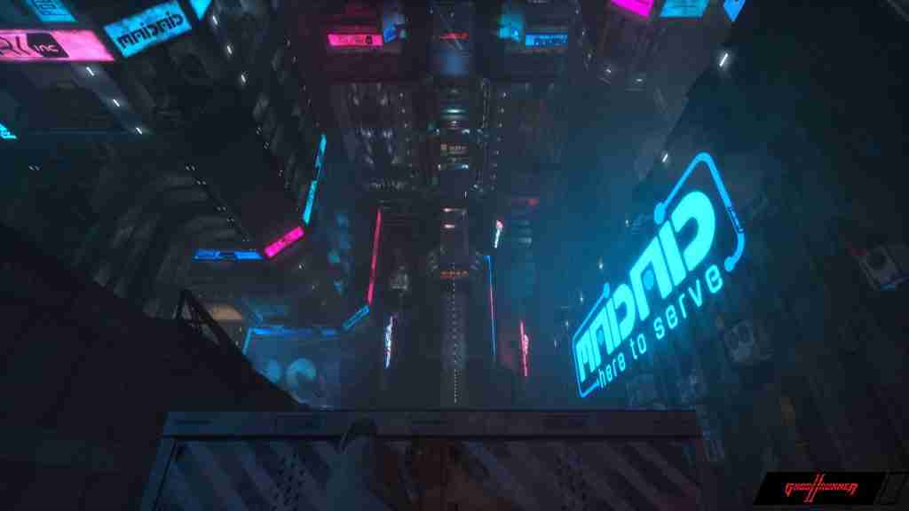 first person view of neon lit cyberpunk buildings