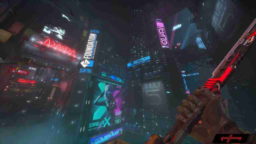 neon drenched view down on a cyberpunk city