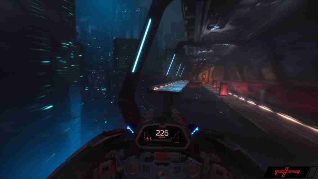 first person view from a motorbike as a futuristic tunnel blurs by