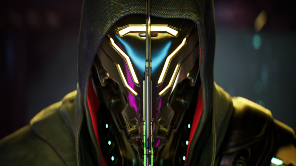 cyber ninja "ghostrunner", sword held vertically infront of their face