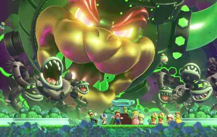 a giant Bowser and Pirana plants descending on Mario and friends