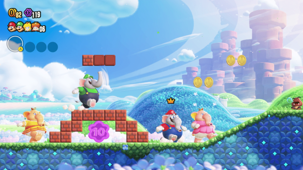 elephant Mario, Luigi, Peach and Daisy stomping through a zone