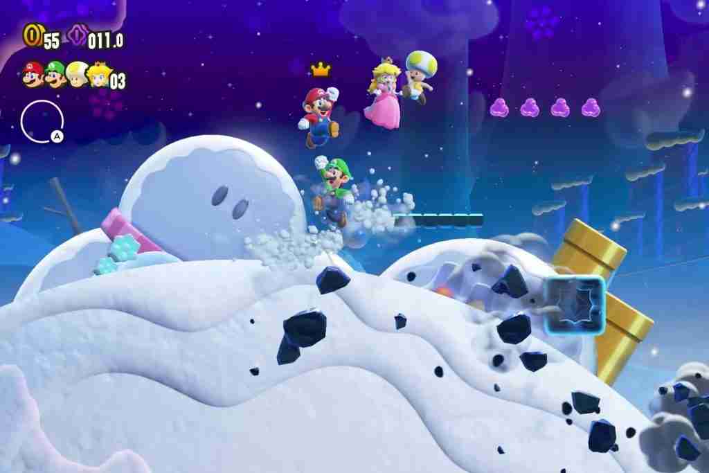 Mario Peach, Luigi and Toad jumping through a snow zone