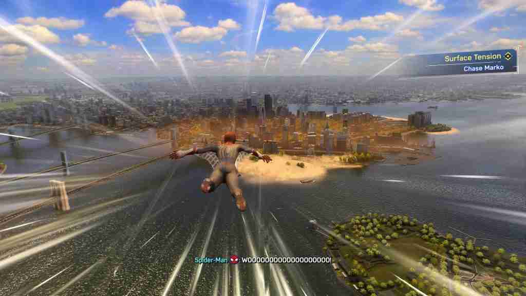 spider-man high above the city uses wings built into his suit to glide toward a sandstorm. Subtitles read: "wooooooooooooooooooo!"