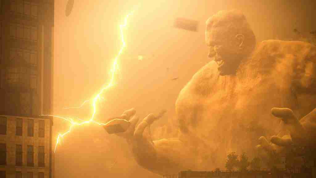 spider-man leaps towards a giant sand man as lightning strikes in the background