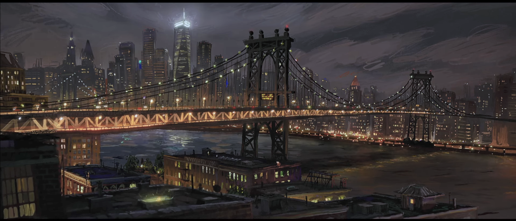 A night time city scape of a bridge NYC 