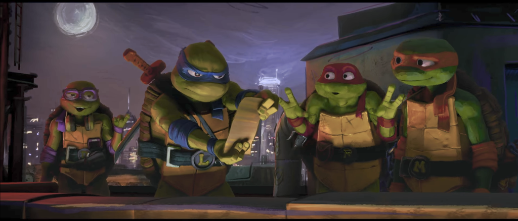 A group shot of the turtles Left to Right Donatello pulling a face, Leonardo reading seriously, then Raphael and Michelangelo pulling faces