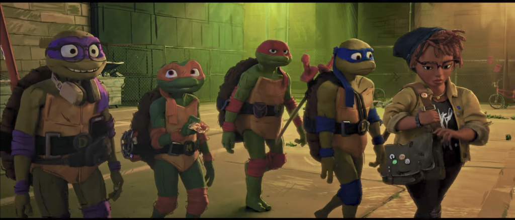 A candid shot of the Ninja Turtles and April, Left to Right Donatello Raphael Michelangelo  Leonardo and April