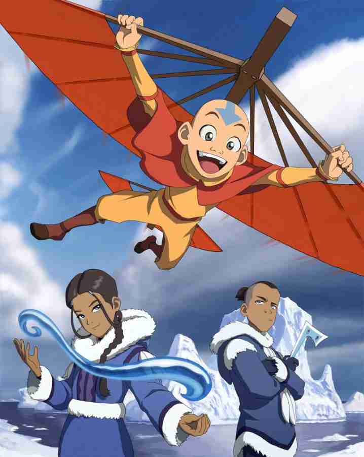 Aang flying on his glider above Sokka and Katara