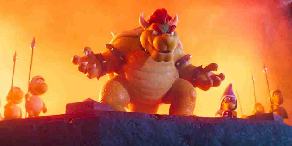 Bowser half silhouetted with fire behind him 