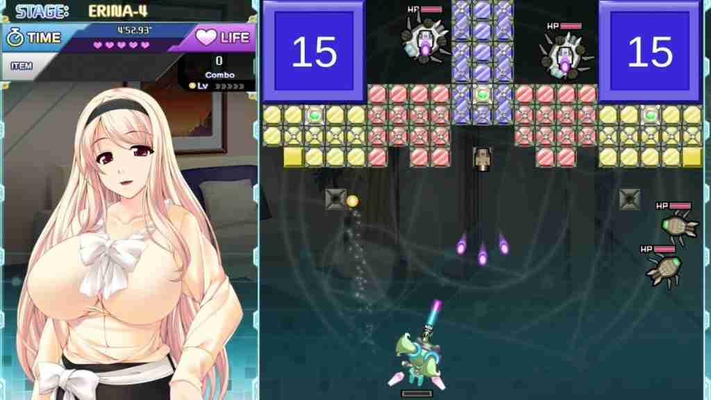 a pretty girl with large breasts and a game screen where a little robot aims balls at blocks