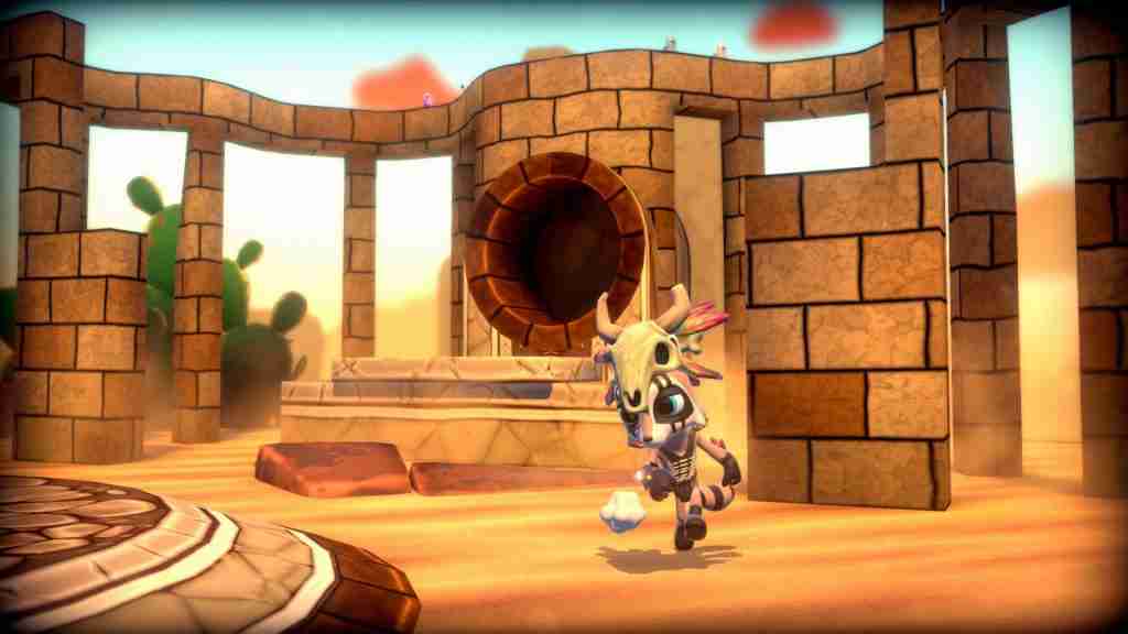 Raccoo wearing a skull helmet exploring a sandy temple