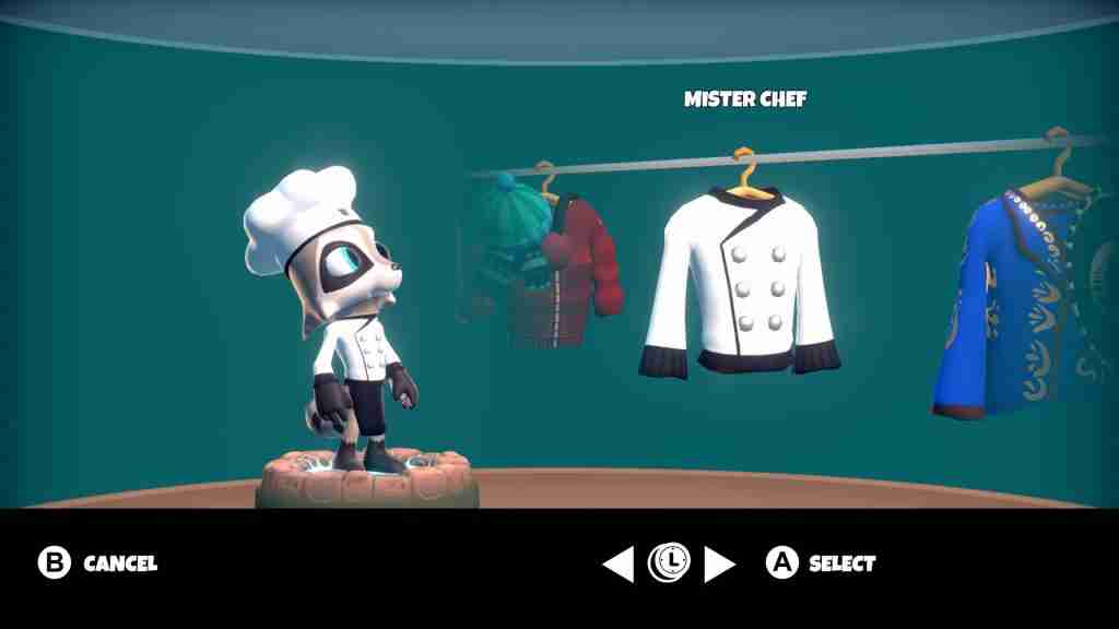 Raccoo in the games wardrobe. He has a chefs outfit on which is called Mister Chef