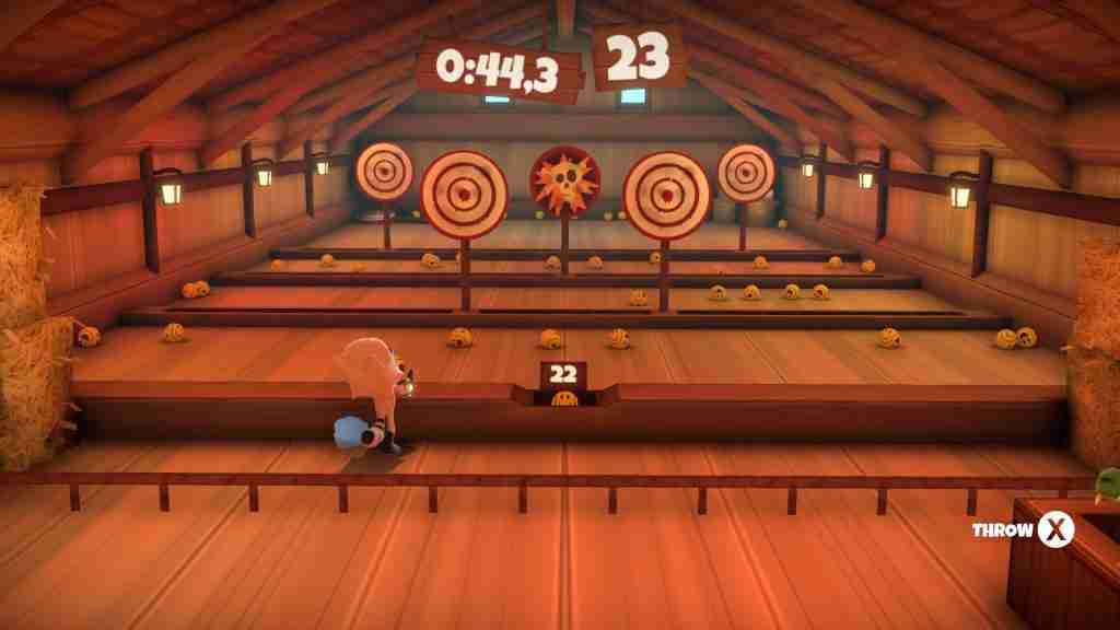 Raccoo in a hay barn playing on a shooting gallery in a mini game