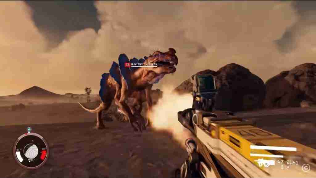 first person shooting an alien "dinosaur"