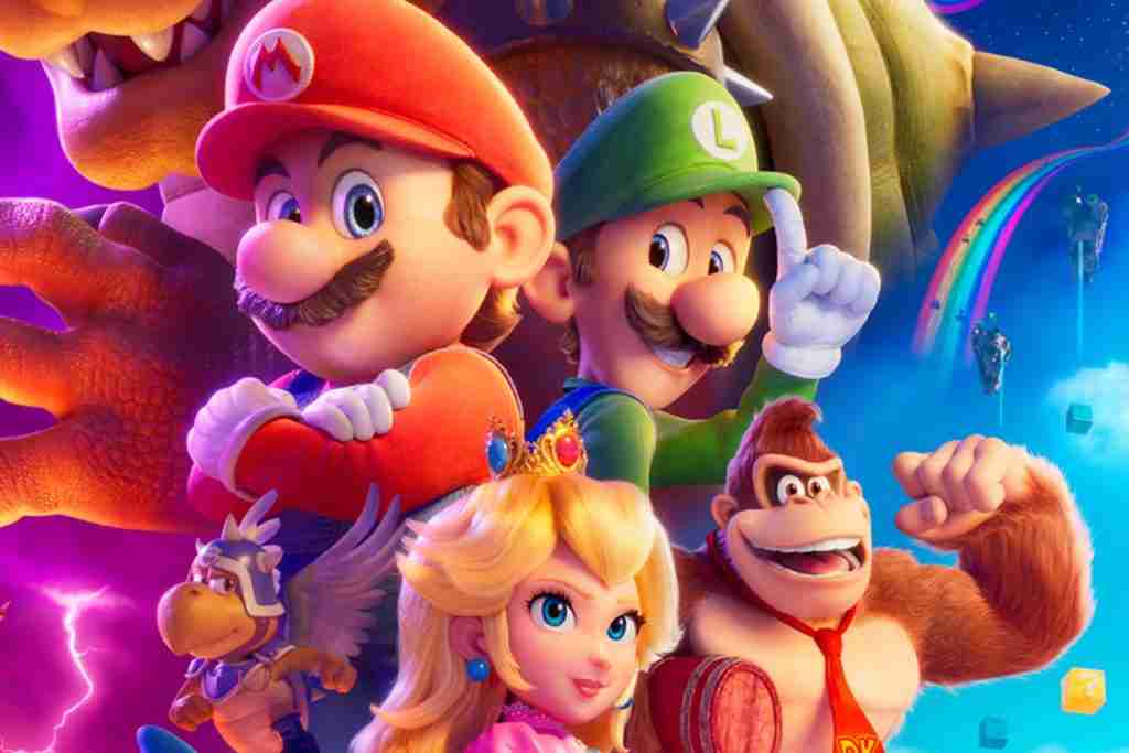 A clip of the mario brothers movie poster with Mario, Luigi, Donkey Kong and Princess Peach with Bowser in the background