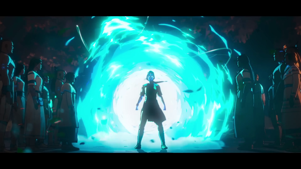 Kahhori stands in front of a blue portal with blue glowing eyes surrounded by her people