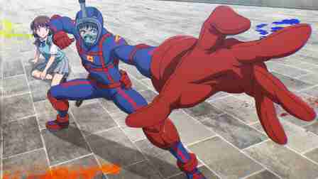 Akira leaps into action, striking a fighting pose in a shark suit to save a young girl