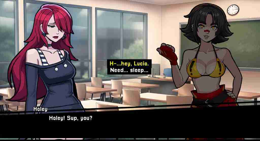 visual novel scene with Haley and Lucia in a school
