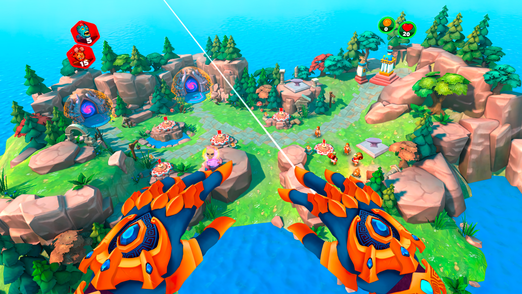 high up first person view, the players gauntleted hands are seen over a small idyllic island with two purple portals