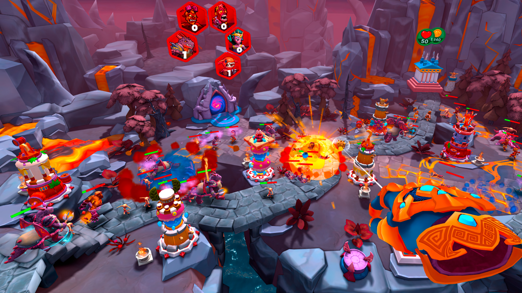 chaotic scene in a rocky and lava strewn landscape, monsters are attacked by various towers as they follow a stone path