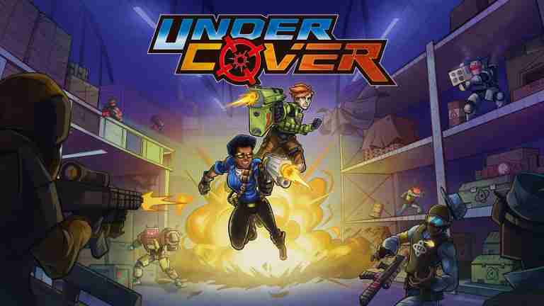 title card. an explosion in a warehouse with our two heroes jumping and shooting surrounded by bad guys