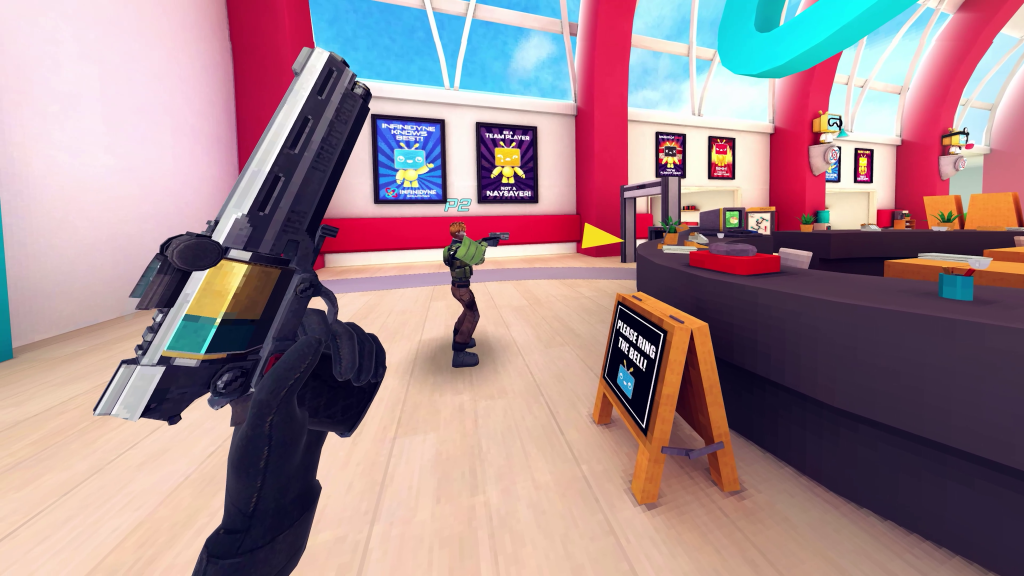 first person view from player one. player is hold a magnum in a reception area. Player two can be seen