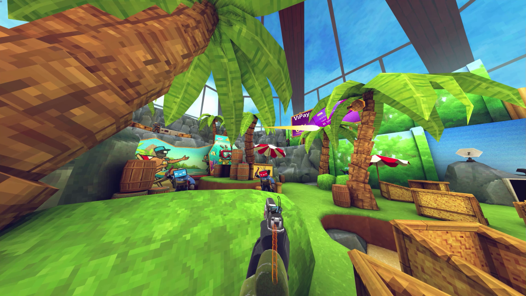 player is peeking over a bush while aiming. two enemies can been seen. the area looks like a tropical resort