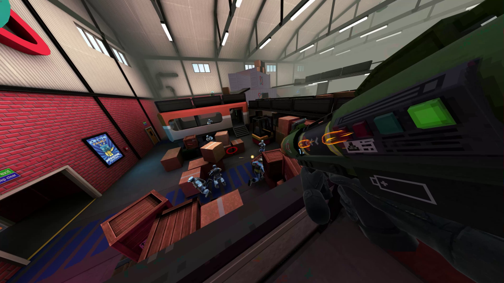 the player aims a rocket launcher from an elevated position in a warehouse to a group of bad guys below