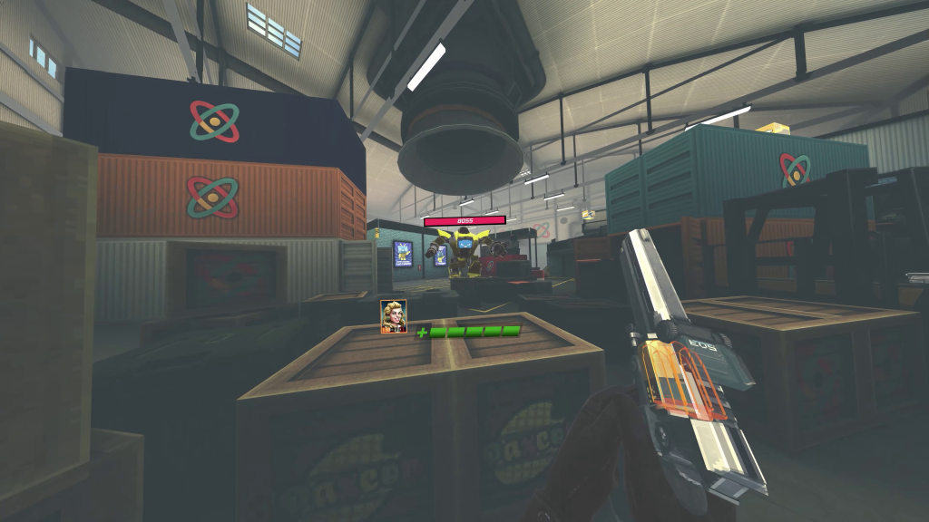 the player in a warehouse facing down a mech boss. the boss has a full life bar above their head