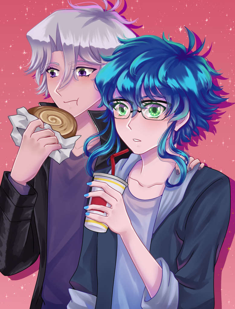 Niko (with long blue hair, glasses, and a casual outfit) drinking a soda and Ren (taller with mid length silver hair) eating a sweet treat with his arm round Niko's shoulders