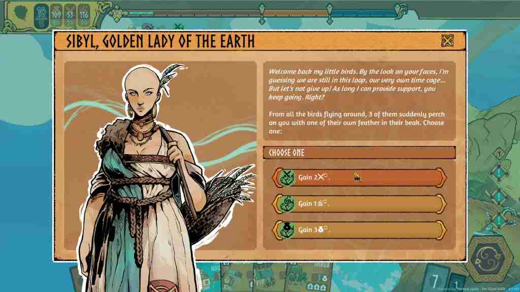 sibyl, a bald lady in peasant clothing offers you a choice