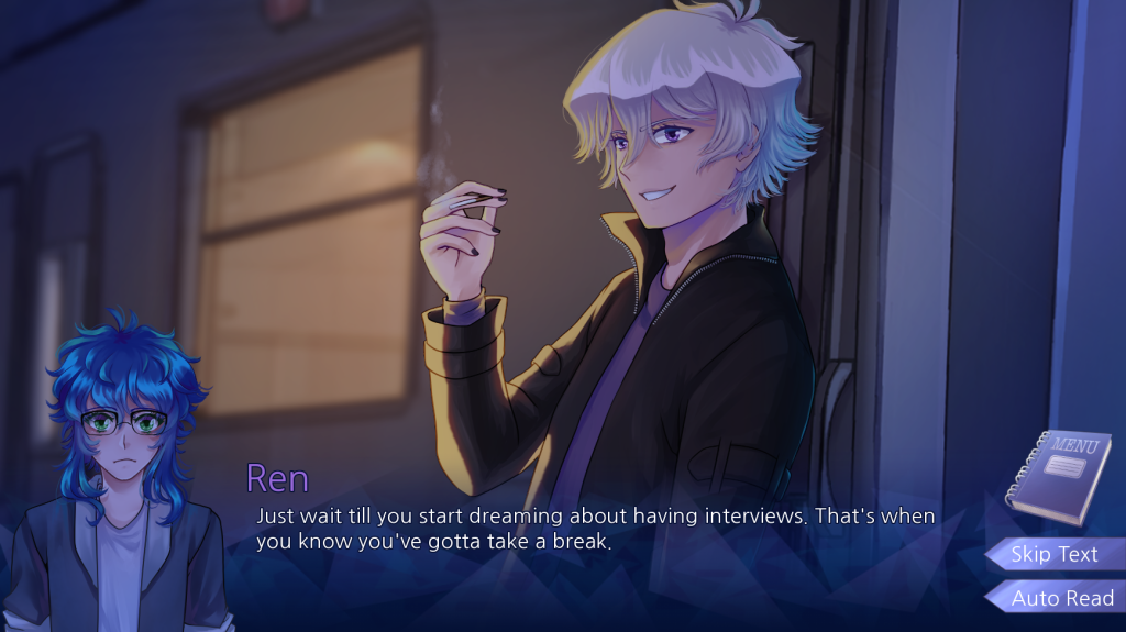 Game screenshot of Niko talking with Ren, who is outside his trailer having a smoke