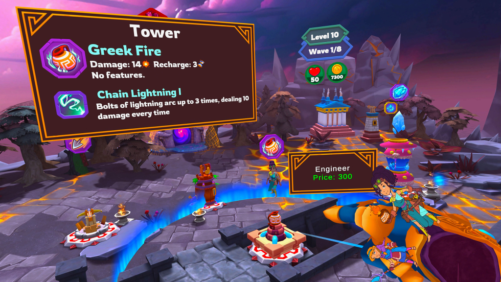 first person view including right hand, looks over rocky landscape to a Greek looking temple. Tower attack details hover to the left in a text box