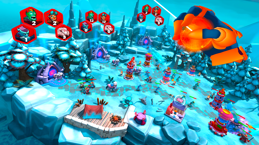 first person view, right hand grasps a fireball. A view over an icy landscape as monsters walk out of three purple portals