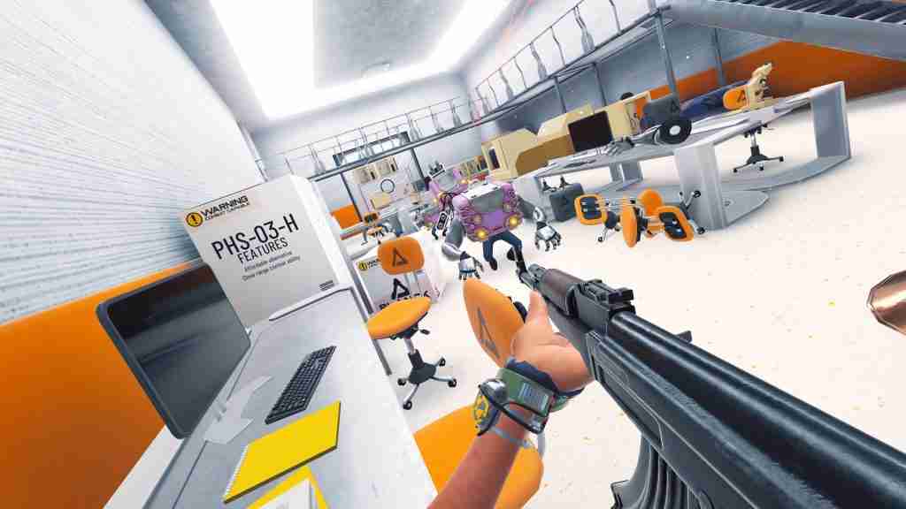 the player points a rifle towards purple cyborg cube aliens in a stark office/factory environment