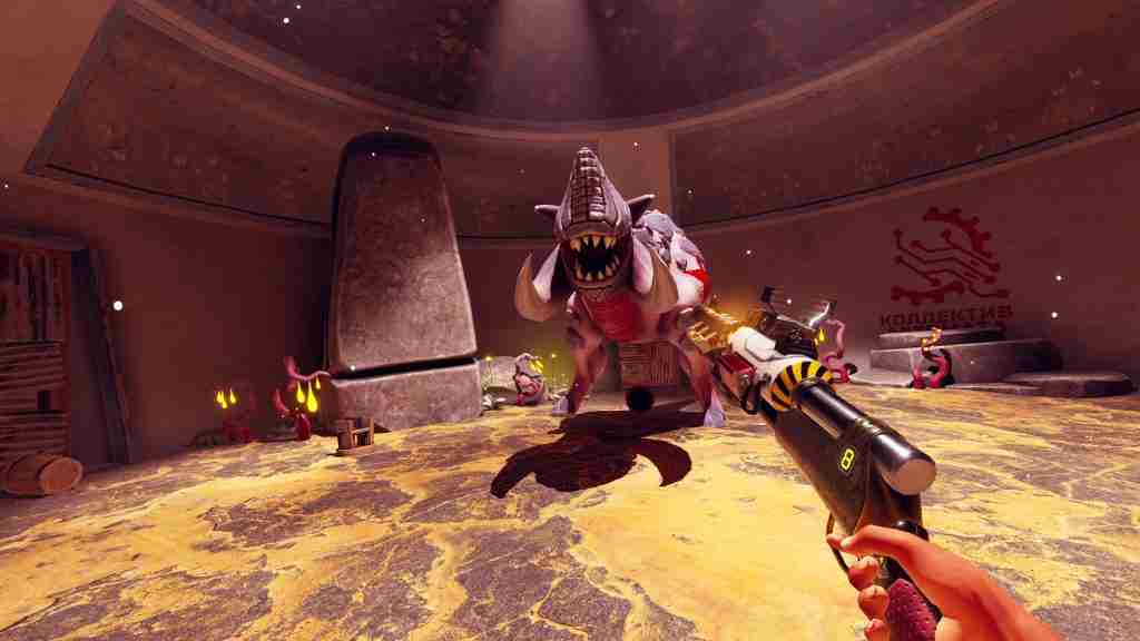 first person view, a weird gun is pointed at an alien looking T-rex with a tough head and big tusks while they face off in an arena.