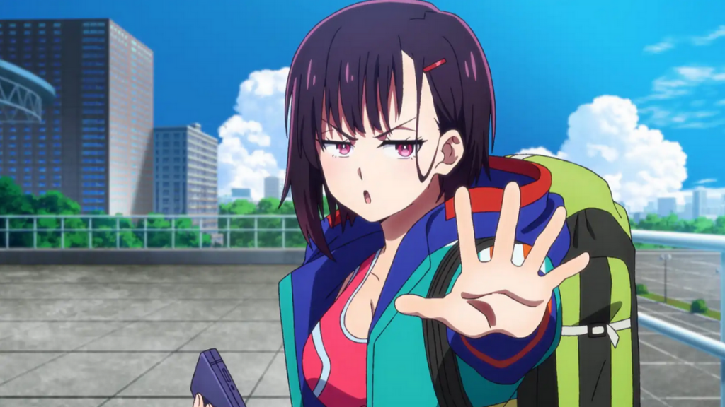 Shizuka holds her hand up to the camera, with an annoyed expression on her face