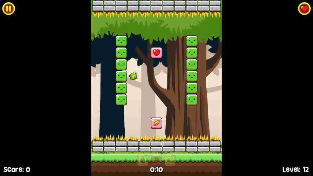 a bird with blocks and spikes on the top and bottom of the screen