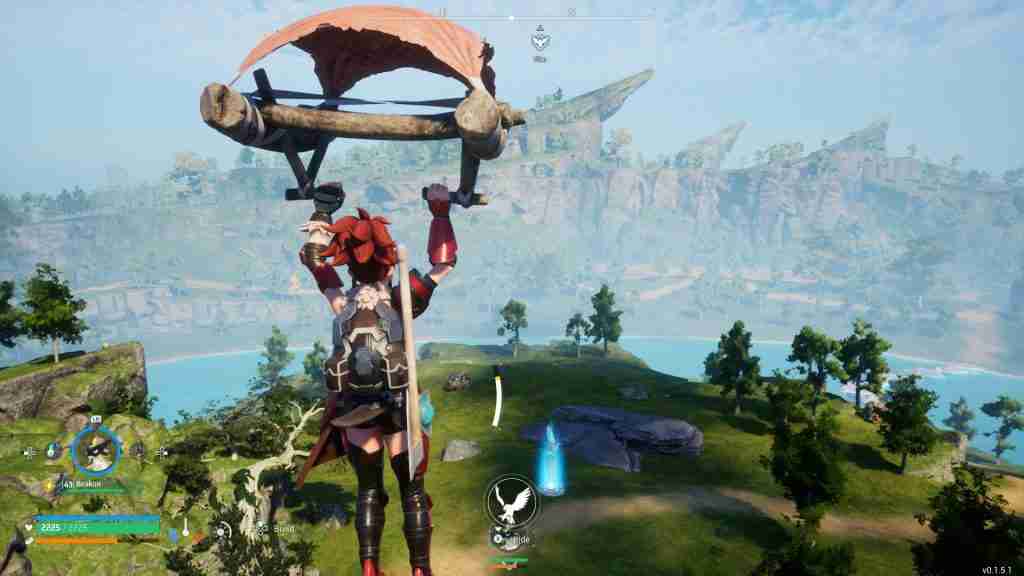 Mashy's avatar gliding through the air over a green landscape