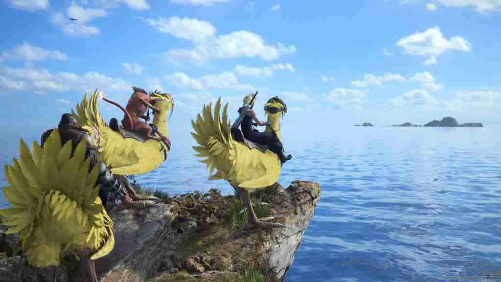 Cloud, Barret, and Red XIII sit on chocobos looking out over the ocean